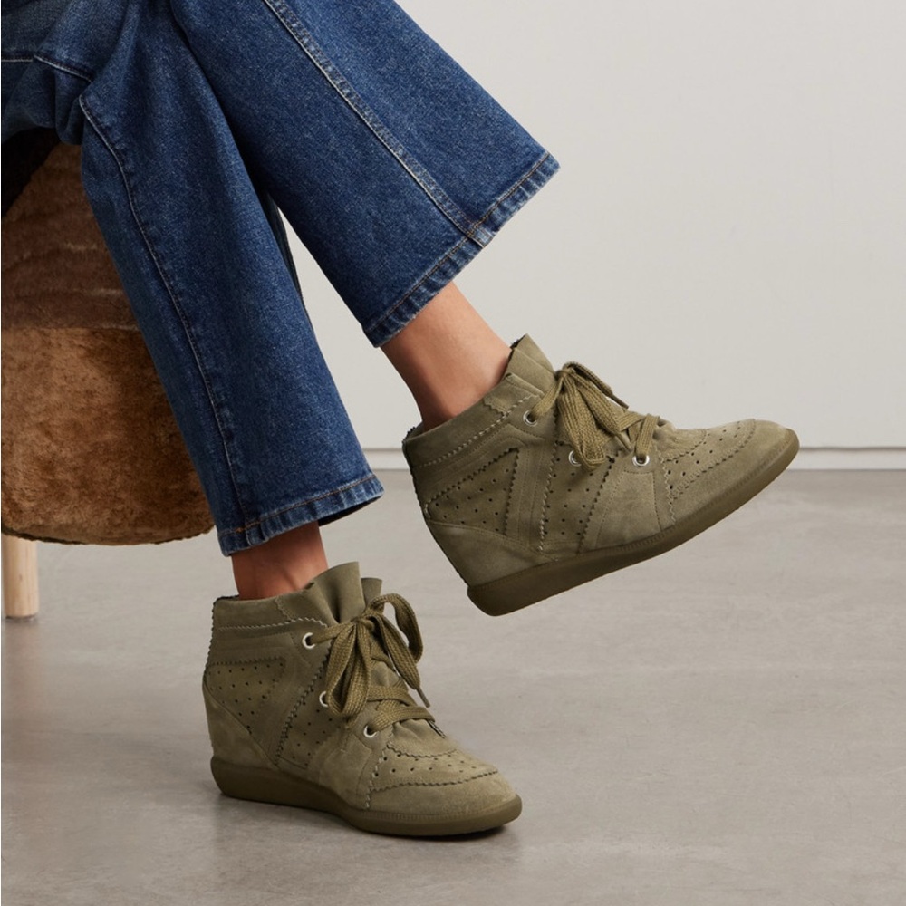 Isabel Marant Bobby perforated suede lace up wedge sneakers, taupe